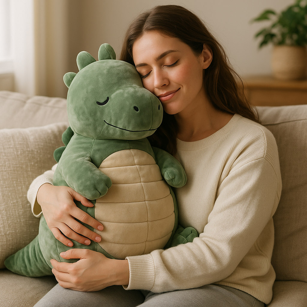 Weighted Comfort Dino Plush in cozy setting